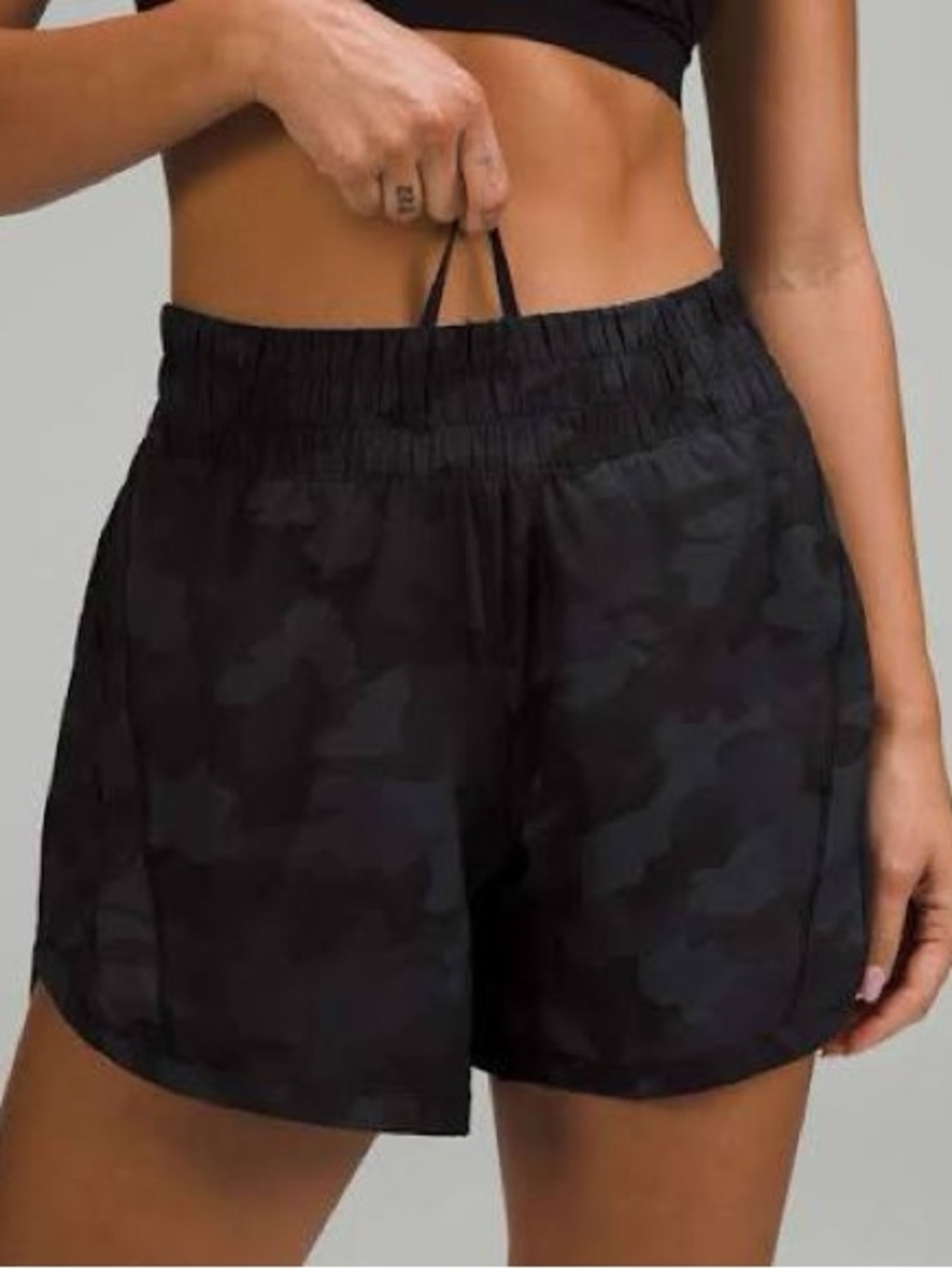 Lululemon Track That 5" running shorts in the Heritage 365 Camo Deep Coal Multi